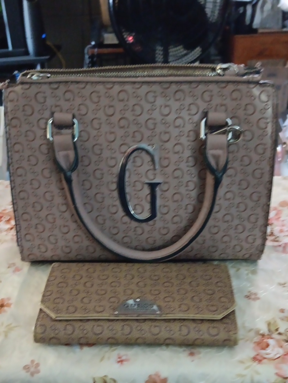 Guess Beige/Tan G Monogram Satchel with Matching Wallet